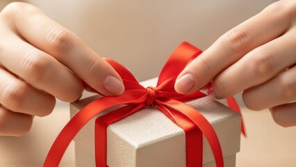 Detailed close-up of hands tying a red satin ribbon on a textured gift box.