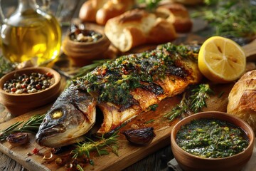 Grilled sea bass with green sauce on wooden board with lemon. It can illustrate a healthy and delicious seafood cuisine.