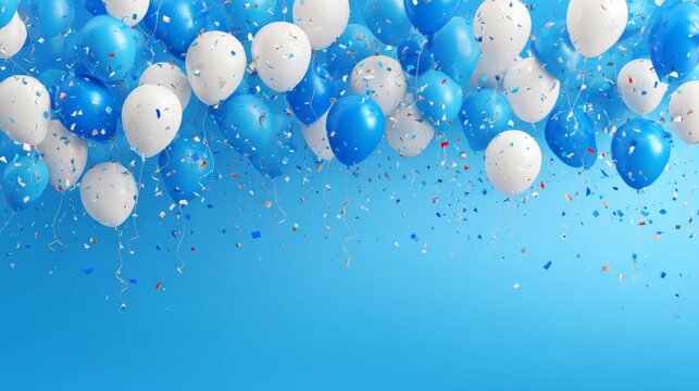 Festive birthday celebration background with blue and white balloons, colorful confetti, and holiday-themed decorations for party and happy day concept vector illustration - Powered by Adobe