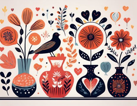 hand drawn whimsical folk style flower vases with symbolic motifs abstract shapes decorative birds hearts modern naive composition