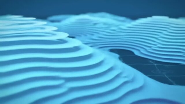 Abstract topographic landscape unfolding in cool blue tones, evocative of serene glacial formations and detailed mapping visualizations