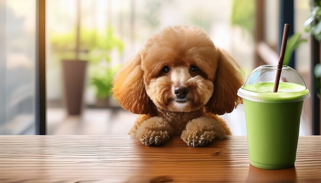 toy poodle sitting near matcha latte in pet friendly coffee shop n cozy wooden table by window soft natural light and charming dog scene with lifestyle aesthetic
