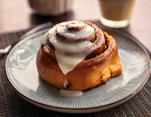 a freshly baked cinnamon roll with cream icing sits beautifully on a plate drawing attention to its deliciousness and warmth perfect for a breakfast or dessert indulgence