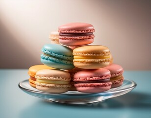 colorful macarons stacked on a glass plate with neutral background