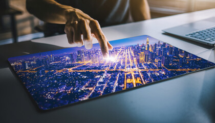 Person Interacting with Futuristic Cityscape Projection Smart Technology and Urban Future Concept.