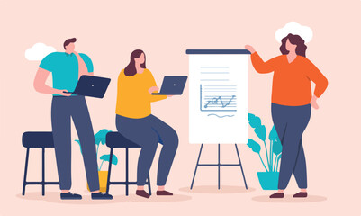 Business people in meeting working - Team of cartoon people in workshop with whiteboard, graph and charts contemplating and making project plan. Flat design vector illustration.