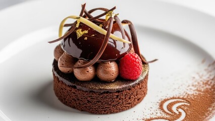 Decadent gourmet chocolate dessert tart adorned with fresh raspberries and shimmering gold leaf on an isolated white background, a luxurious sweet treat