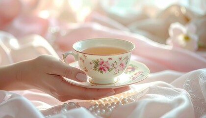 Delicate teacup with floral pattern held by a hand on a soft pink silk background