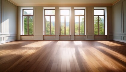 an aesthetically pleasing empty room showcases large windows allowing natural light to illuminate its spacious wooden floors inviting serene creativity and inspiration