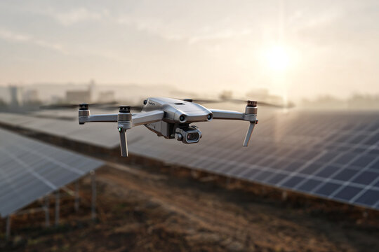 Drone flying over a solar panel farm at sunset with warm sun light