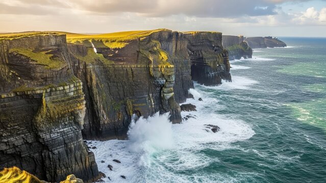 Majestic Cliffs of Moher with powerful ocean waves crashing below at sunset, showcasing a dramatic and scenic Irish coastline - Powered by Adobe