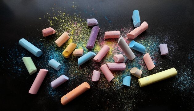 artfully scattered chalk pieces on a dark surface create an intriguing visual texture inviting a sense of creativity and imagination within a contemporary art context