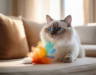 a ragdoll cat playing with a colorful feather toy in a living room with a white and beige color theme and soft lighting