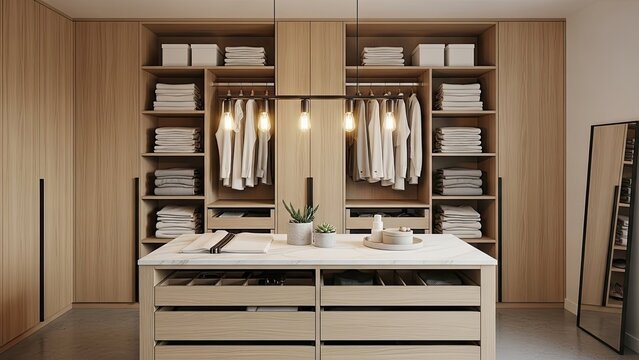 Spacious and modern walk-in closet with organized wooden cabinets and a central island dresser, embodying elegant home interior design - Powered by Adobe