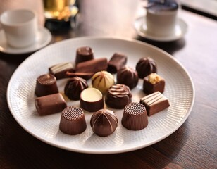 assorted chocolate candies on a white plate in modern cafe