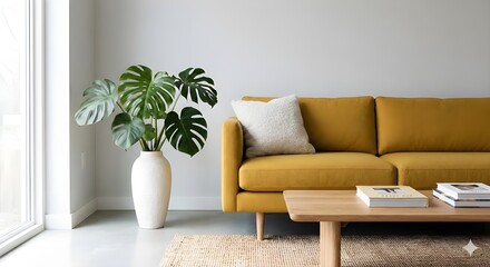Modern Living Room Interior with Yellow Sofa and Green Plant, Minimalist Home Decor