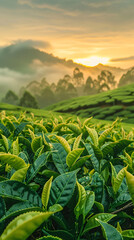 Lush Tea Plantation at Sunrise in Mountain Landscape