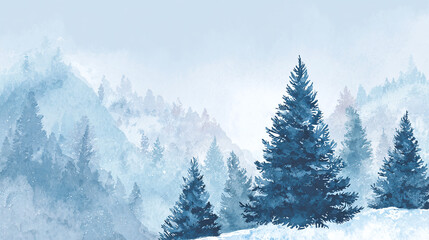 A serene watercolor landscape showcasing evergreen trees and misty mountains, embodying the tranquil essence of a winter scene. The image evokes a sense of peace and stillness. 