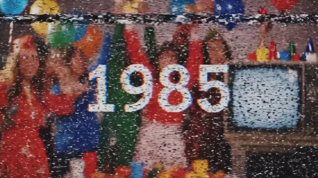 Vintage VHS glitch overlay on 1985 party video with happy women group