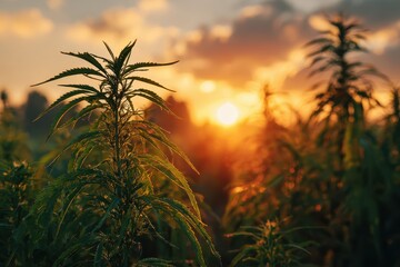 Cannabis field during golden hour, with sun shining through the plants. Showcase hemp cultivation, wellness, or medicinal cannabis benefits.
