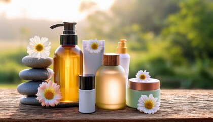 natural beauty products with flowers on wood