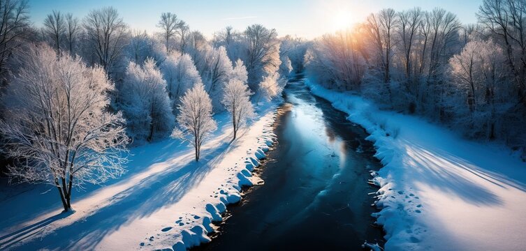 Aerial view of a snowy winter forest and a winding blue river under a clear bright sky - Powered by Adobe