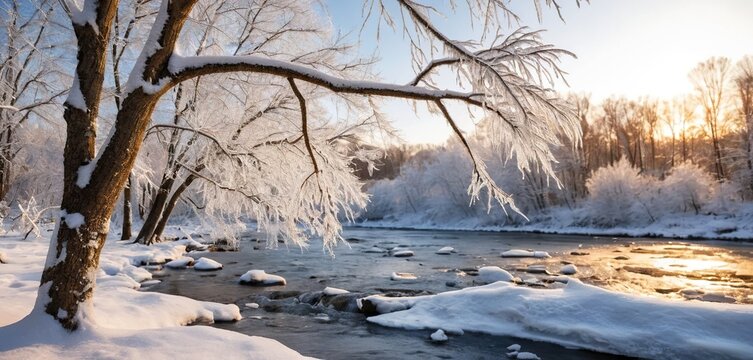 Frosty tree branch hanging over a flowing winter river in a serene snowy landscape at sunset