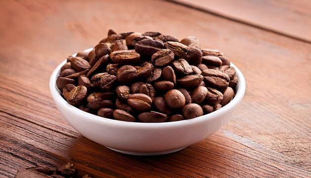 coffee beans in white bowl arranged on wooden surface