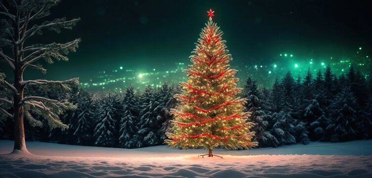 Magical christmas tree glowing with warm lights in a snowy winter forest at night