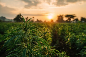 Hemp field at sunset, with a close-up of a mature plant in the foreground. Showcase agriculture, medicine, or the future of sustainable resources.