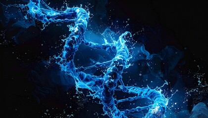 Glowing blue DNA double helix with fluid swirls and dynamic energy on cosmic background.