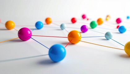Colorful spheres connected by thin lines on white surface, forming abstract network of communication and data.