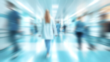 Blurred hospital scene with doctors moving, busy medical environment in clinic corridors.