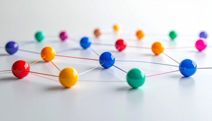 Colorful spheres connected by thin lines on white surface, forming abstract network of communication and data.