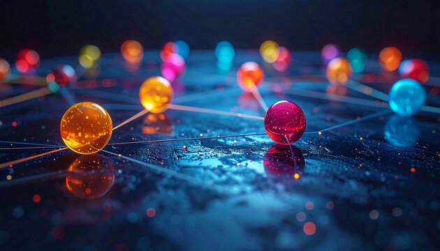 Colorful spheres connected by thin lines on white surface, forming abstract network of communication and data. - Powered by Adobe