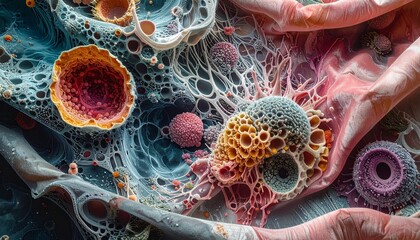 Microscopic cellular structures with fibrous networks and yellow particles in a complex biological environment.