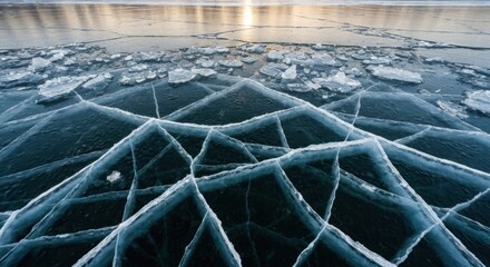 Frozen lake surface, intricate ice patterns. Sunlight reflects on the cracked ice
