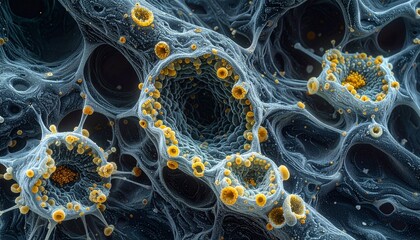 Microscopic cellular structures with fibrous networks and yellow particles in a complex biological environment.