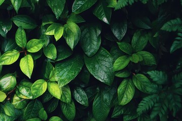 Lush green leaves create a textured background, partially in shadow. Good for designs needing natural textures or botanical themes.