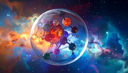 Stylized atomic structure with glowing nucleus and orbiting electrons inside transparent shell on cosmic background.
