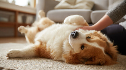 Cute fat dog sad because excess weight. Modern problem of obesity in pets due to overfeeding with food and treats. Concept diet and fight against excess weight in dogs and awareness of animal health