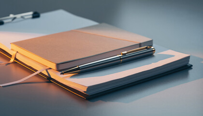Detailed closeup of a pen resting on top of a notepad and notebook with blank pages, stationery, office supplies.