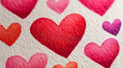 Fototapeta premium Close-up of a painted Valentine's Day banner in 16:9 aspect ratio, vibrant brush-painted hearts, soft shades of red and pink, clean white background