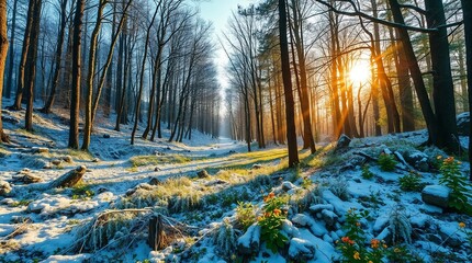 Magical Flower Meadow in Snowy Forest with Warm Enchanted Mood Blooming at Sunset &mdash; Illustration for the Czech Fairy Tale &ldquo;About 12 Months&rdquo;
