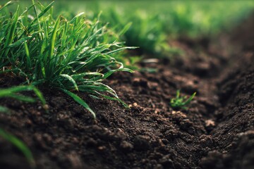 Green grass and dark brown soil create a natural, textured composition. Use this image to represent farming, planting, or environmental concepts.
