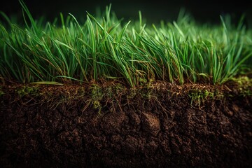 Fresh green grass growing from rich, dark soil with visible roots. Perfect for environmental or agricultural projects and presentations.