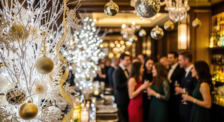Luxurious Christmas bar setting featuring gold decor, hanging ornaments, and a group of defocused blurred elegantly dressed guests in a glamorous evening vibe.
