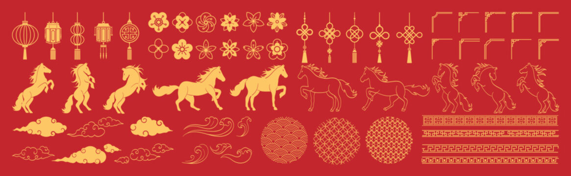 Chinese New Year 2026 vector illustration for Year of the Horse with gold line art horses, lanterns, lotus flowers, cloud symbols, geometric frames, round patterns and festive decorations. Suitable fo