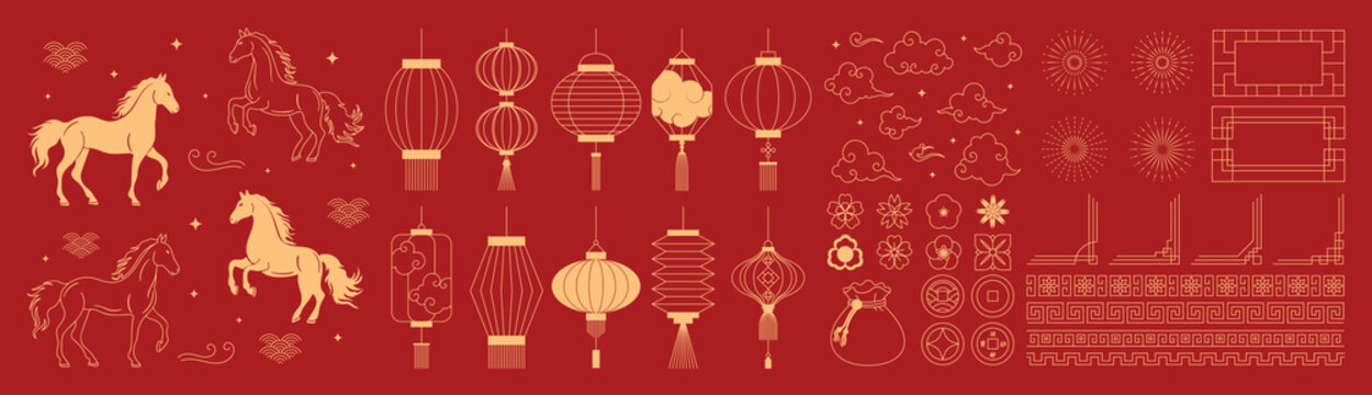 Fototapeta Chinese New Year 2026 vector illustration for Year of the Horse with gold line art horses, lanterns, lotus flowers, cloud symbols, geometric frames, round patterns and festive decorations. Suitable fo