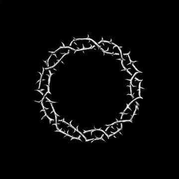 circular thorn wreath, featuring sharp, intertwined branches arranged in a clean, minimalist composition.